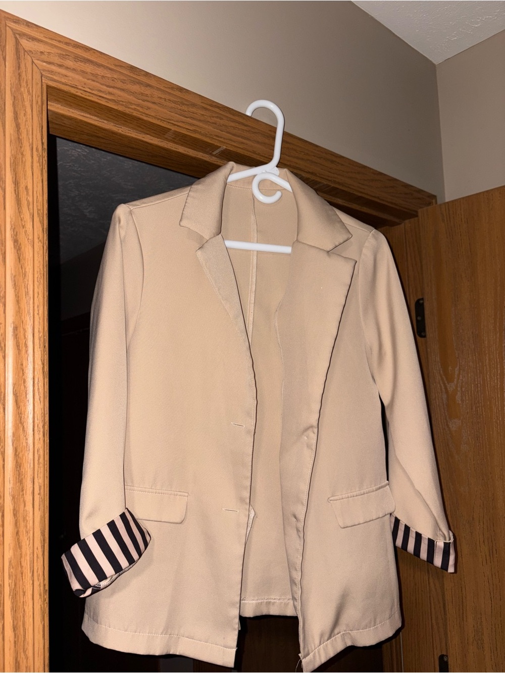 Francesca's Collections Tan Blazer with Striped Cuff Detail